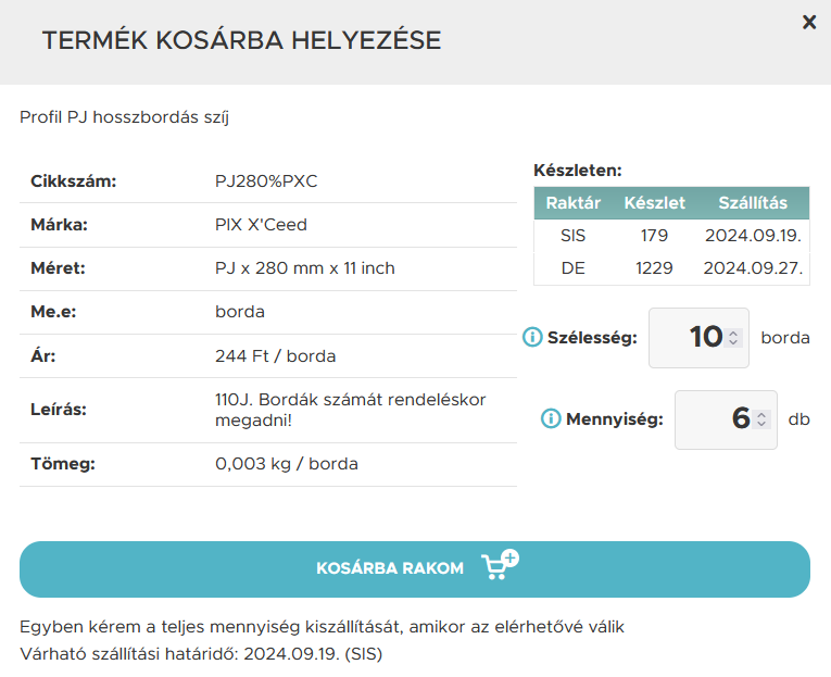 Termék kosárba helyezése minta